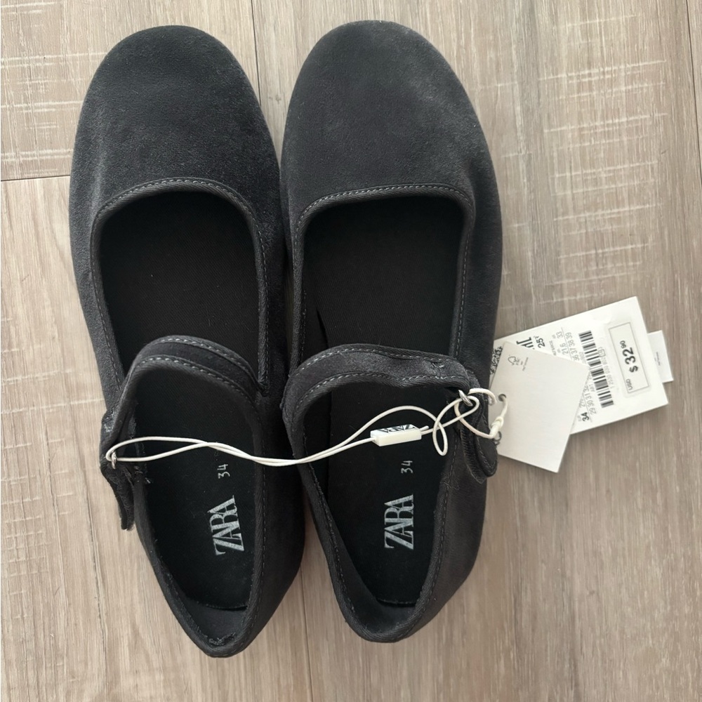 NWT Zara Black Mary Jane Flats Charcoal Gray 2Y